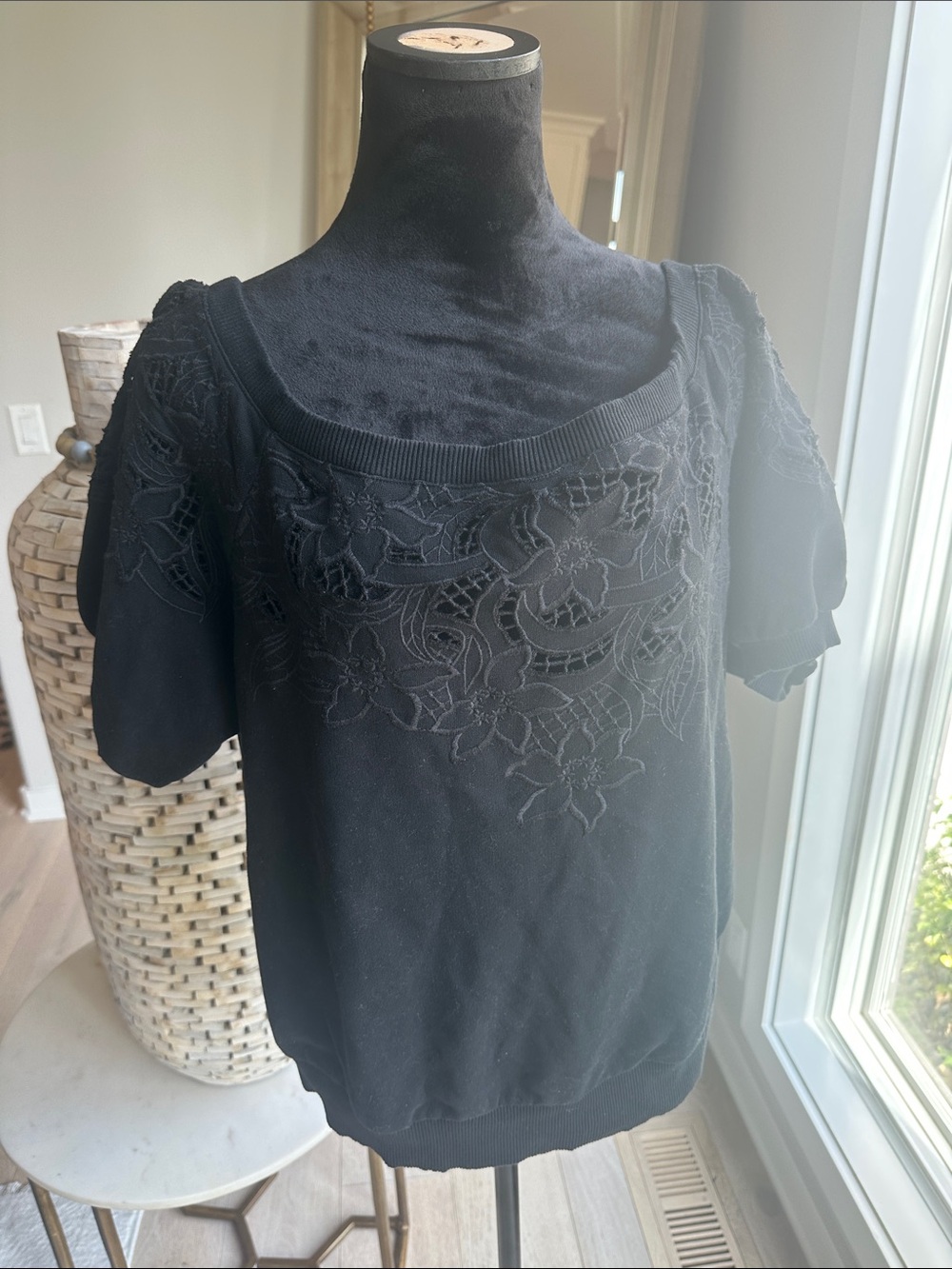 Express Black Crochet Appliqué Short Sleeve Wide neck Sweatshirt